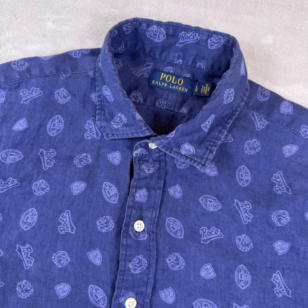 Polo Ralph Lauren Mens Navy Blue 100% Linen Collegiate Logo Button Up Shirt LG